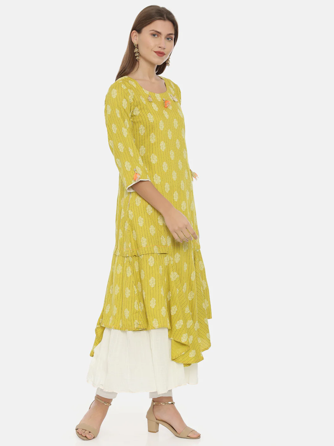 Neerus Yellow Printed High Low Kurta - Image 4