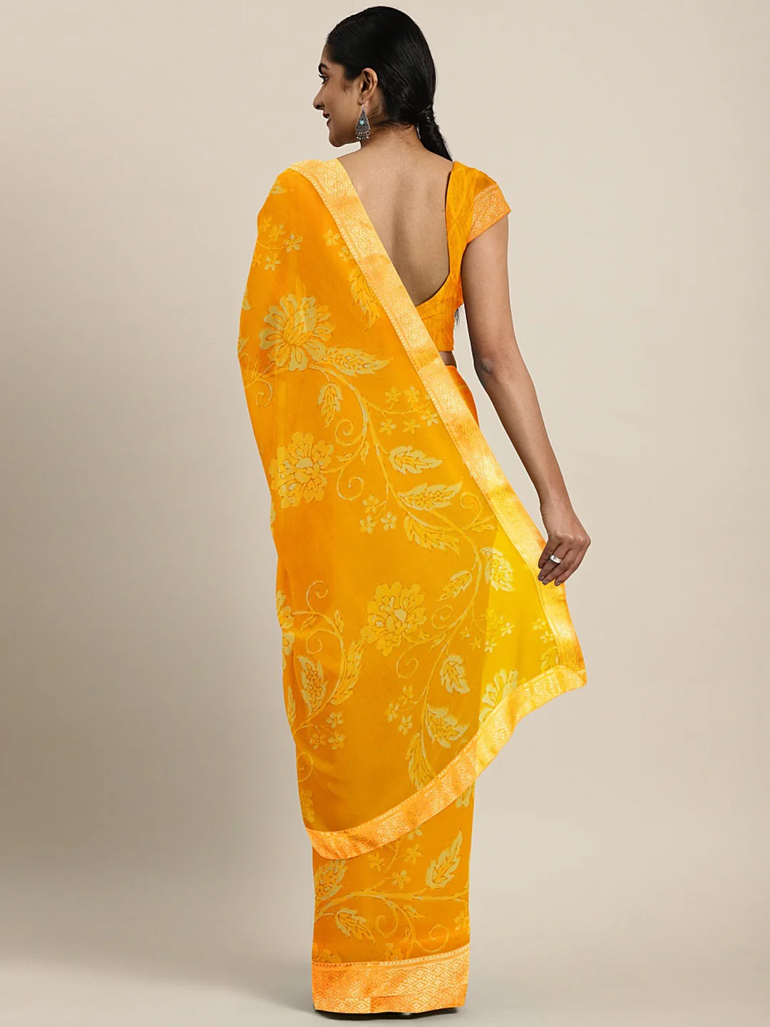 Neerus Yellow Printed Saree With Blouse - Image 6