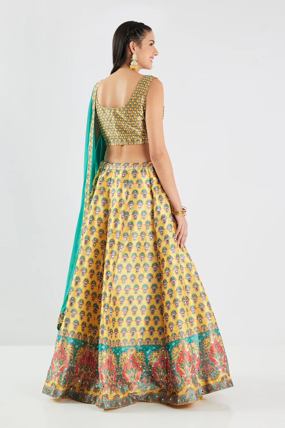 Neerus Yellow Printed Silk Fabric Ghagra Set - Image 3