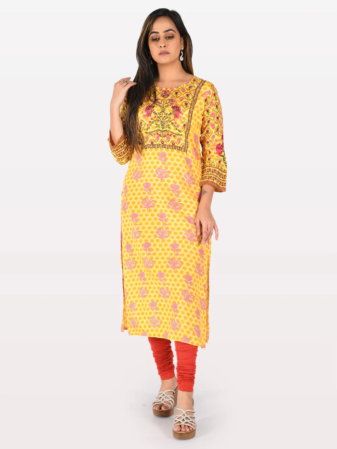 Neerus Yellow Printed Straight Kurta