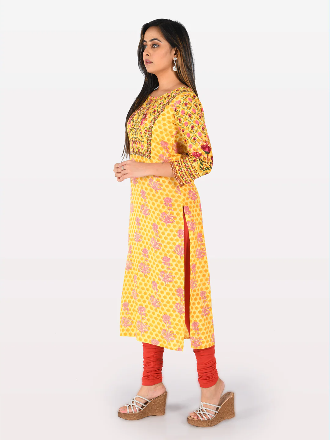 Neerus Yellow Printed Straight Kurta - Image 2