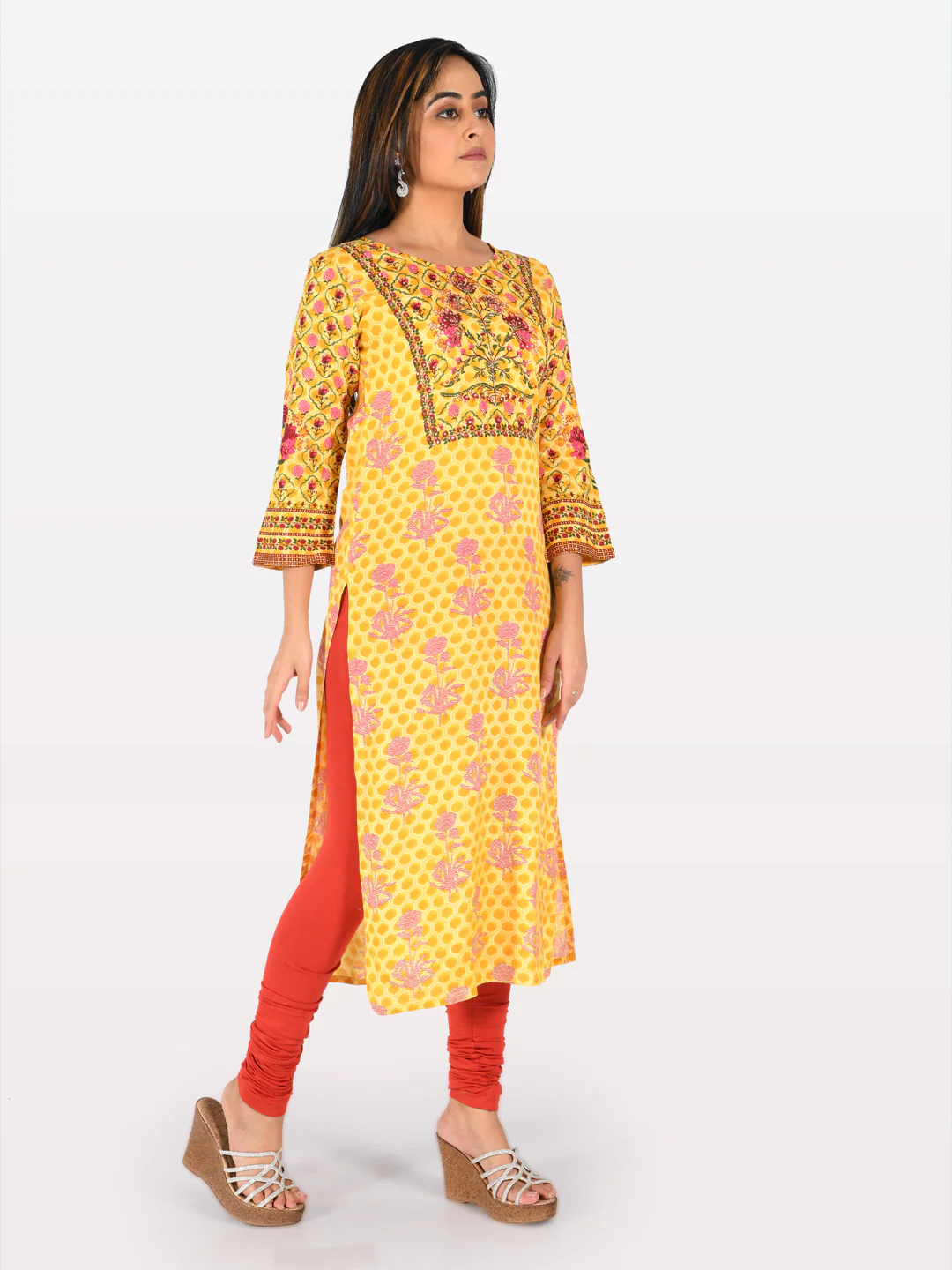 Neerus Yellow Printed Straight Kurta - Image 3