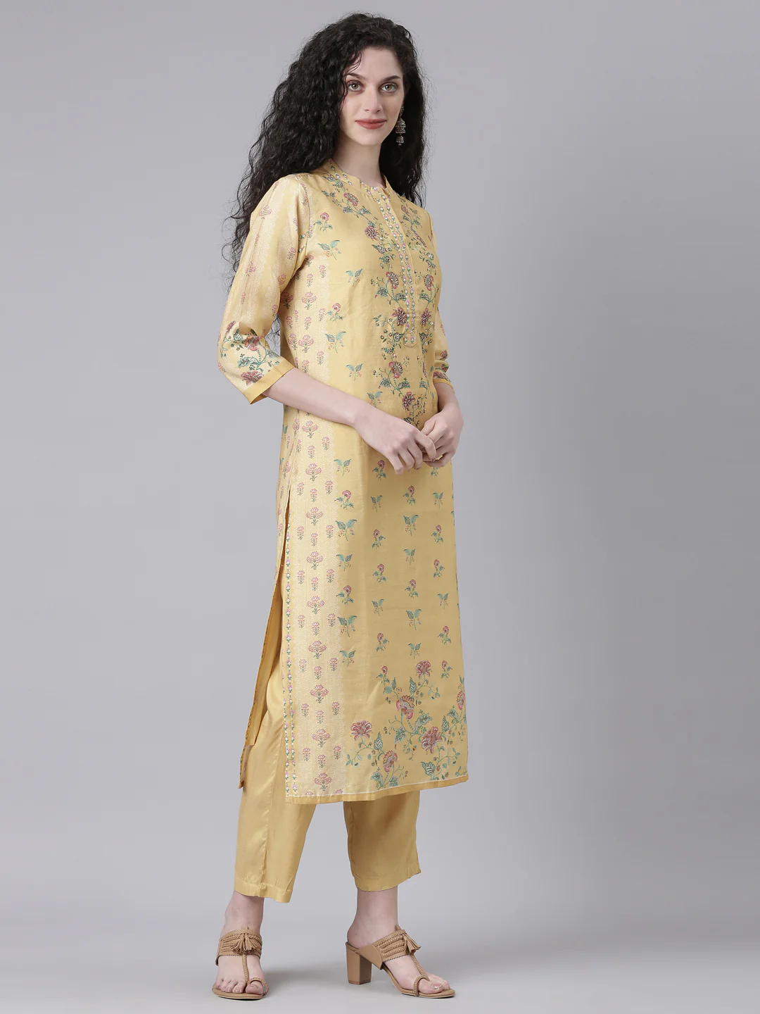 Neerus Yellow Printed Straight Kurta and Trousers With Dupatta - Image 2