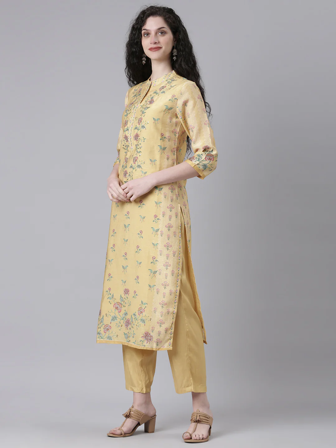 Neerus Yellow Printed Straight Kurta and Trousers With Dupatta - Image 5