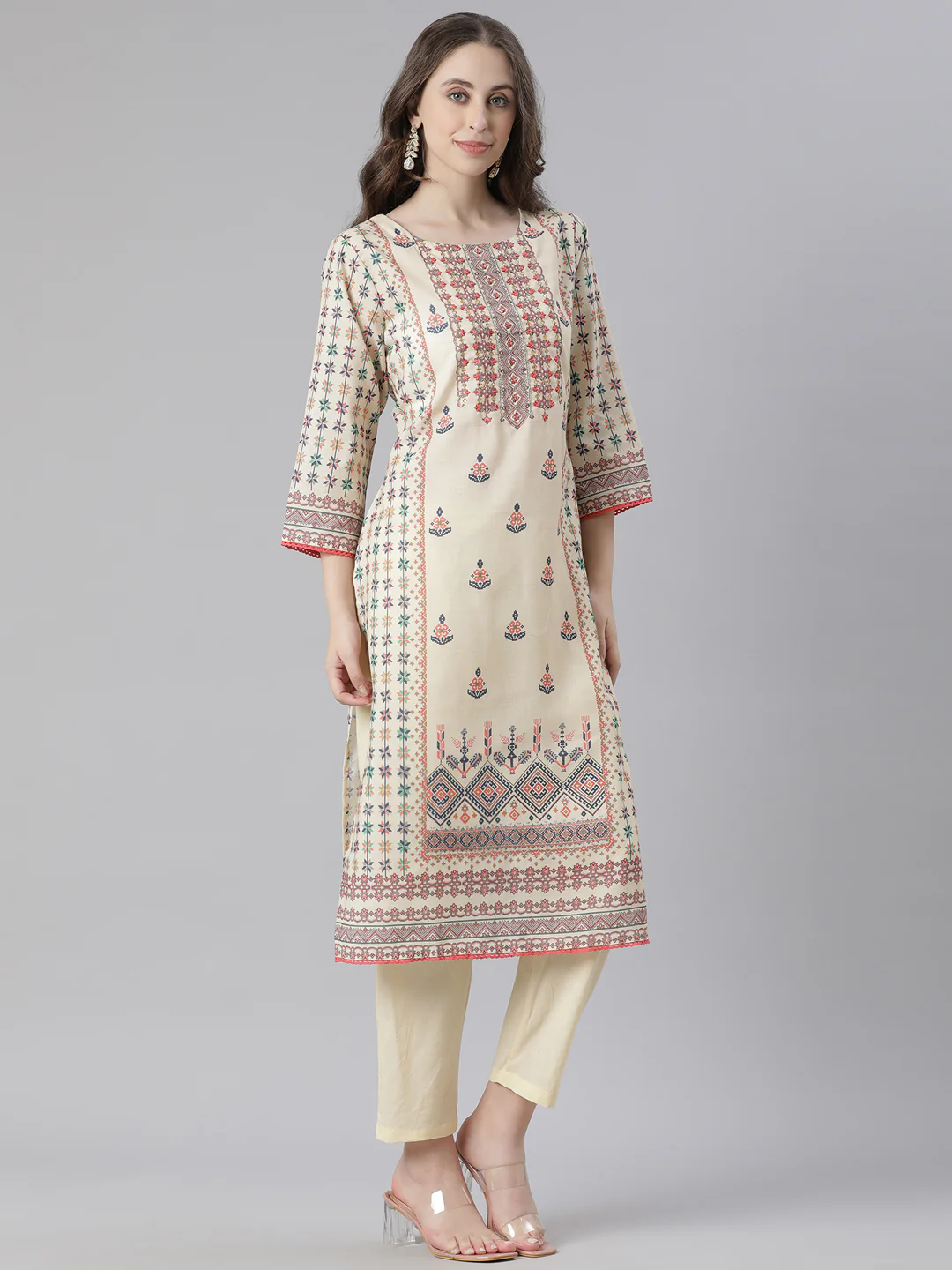 Neerus Yellow Printed Straight Kurta and Trousers With Dupatta - Image 2