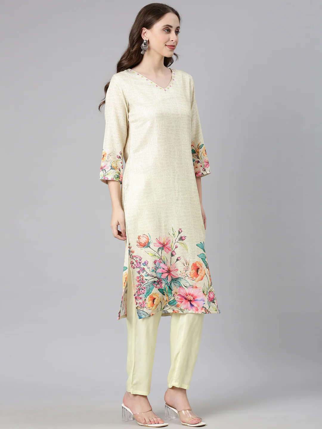 Neerus Yellow Printed Straight Kurta and Trousers With Dupatta - Image 2
