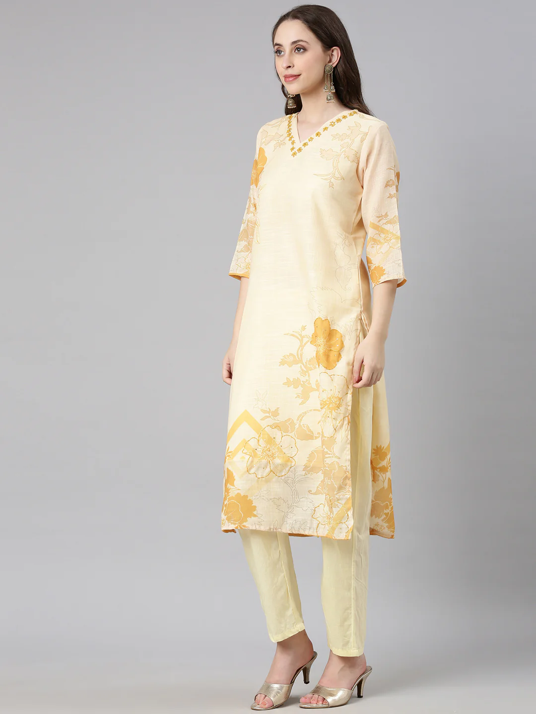 Neerus Yellow Printed Straight Kurta and Trousers With Dupatta - Image 2