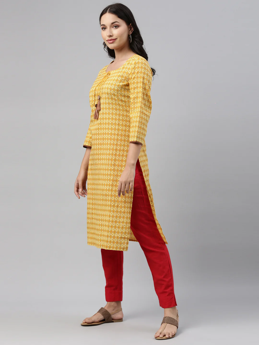 Neerus Yellow Printed Straight Kurta With Mask - Image 3