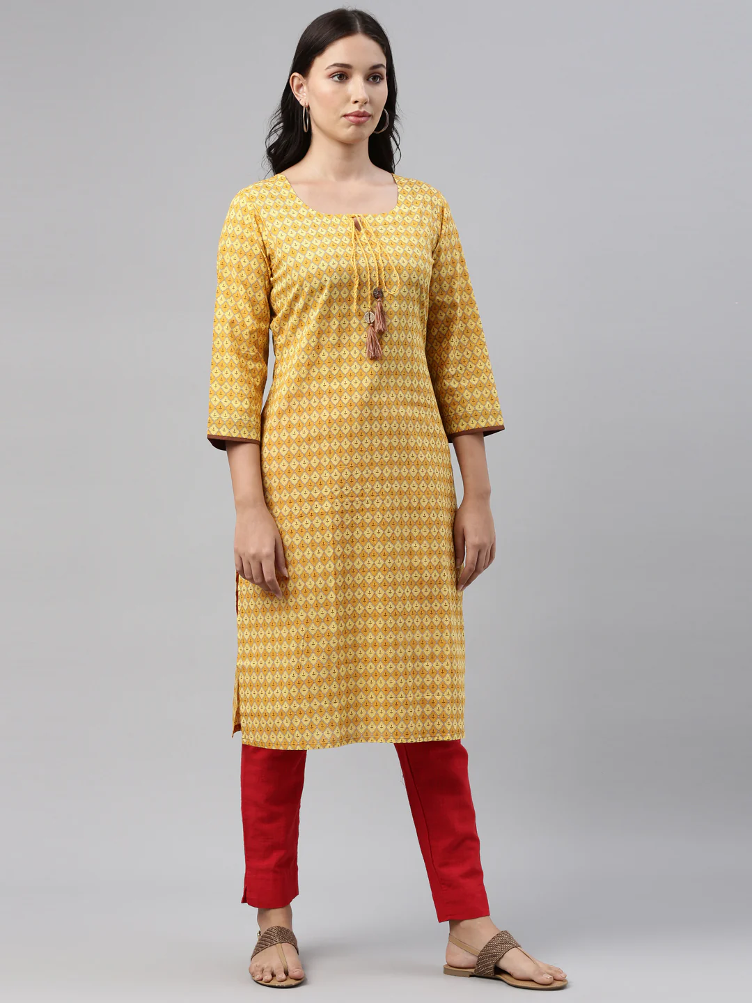 Neerus Yellow Printed Straight Kurta With Mask - Image 4