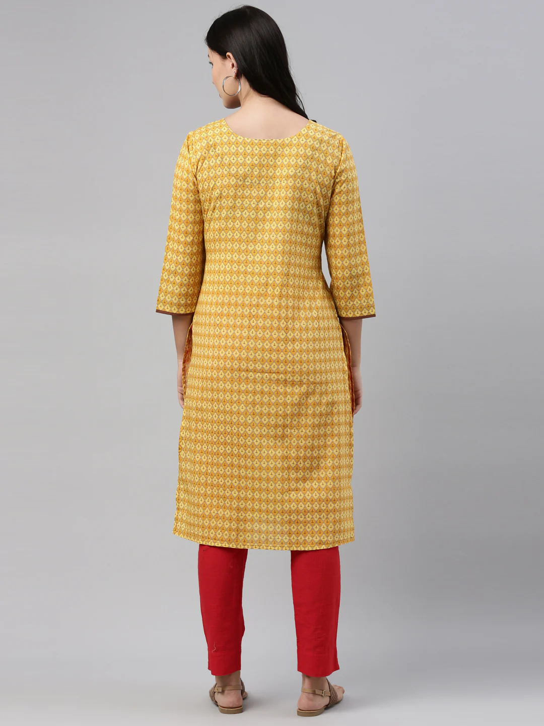 Neerus Yellow Printed Straight Kurta With Mask - Image 5