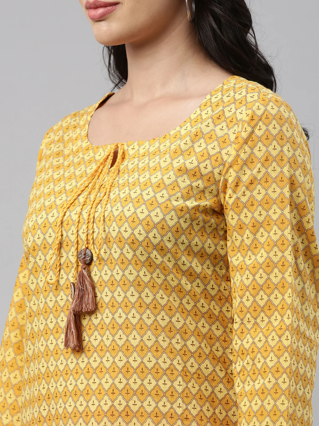 Neerus Yellow Printed Straight Kurta With Mask - Image 6