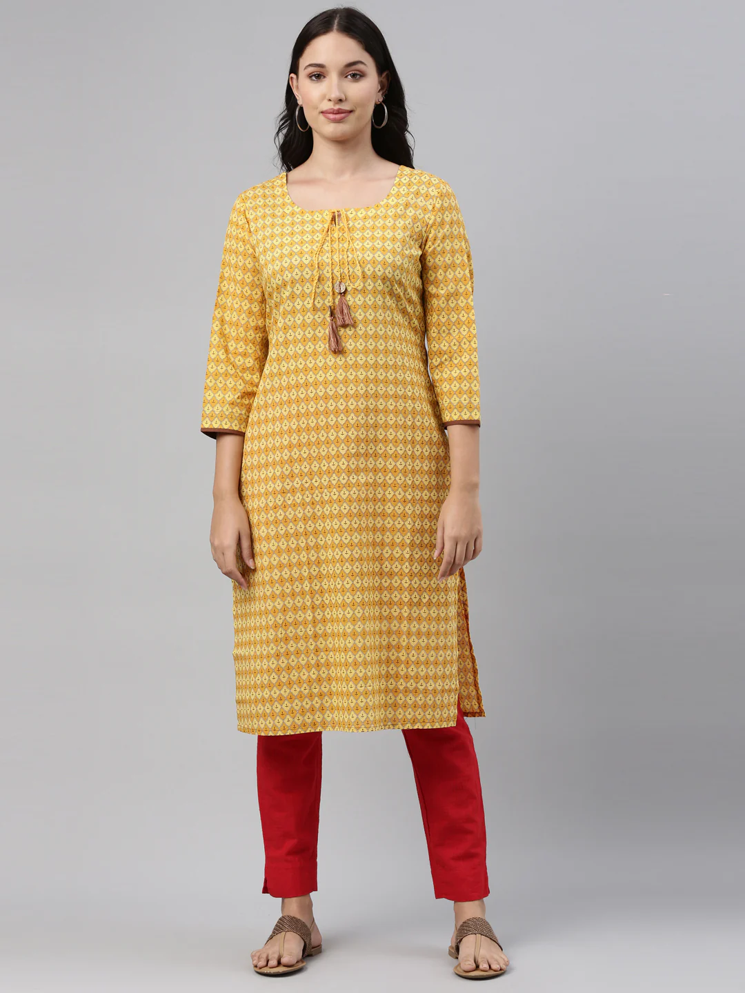 Neerus Yellow Printed Straight Kurta With Mask - Image 7