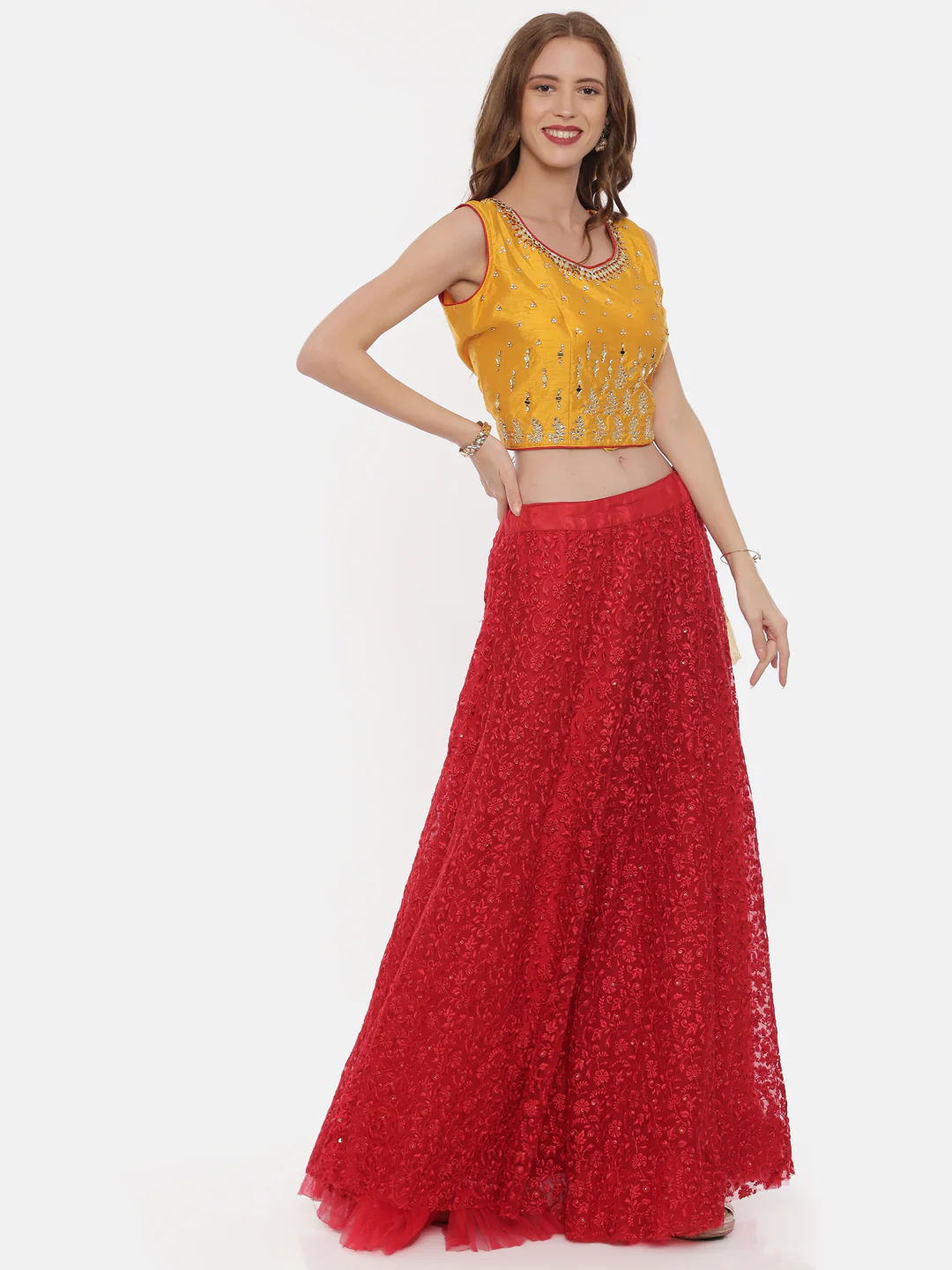 Neerus Yellow Red Color Nett Fabric Ghagra Set - Image 2
