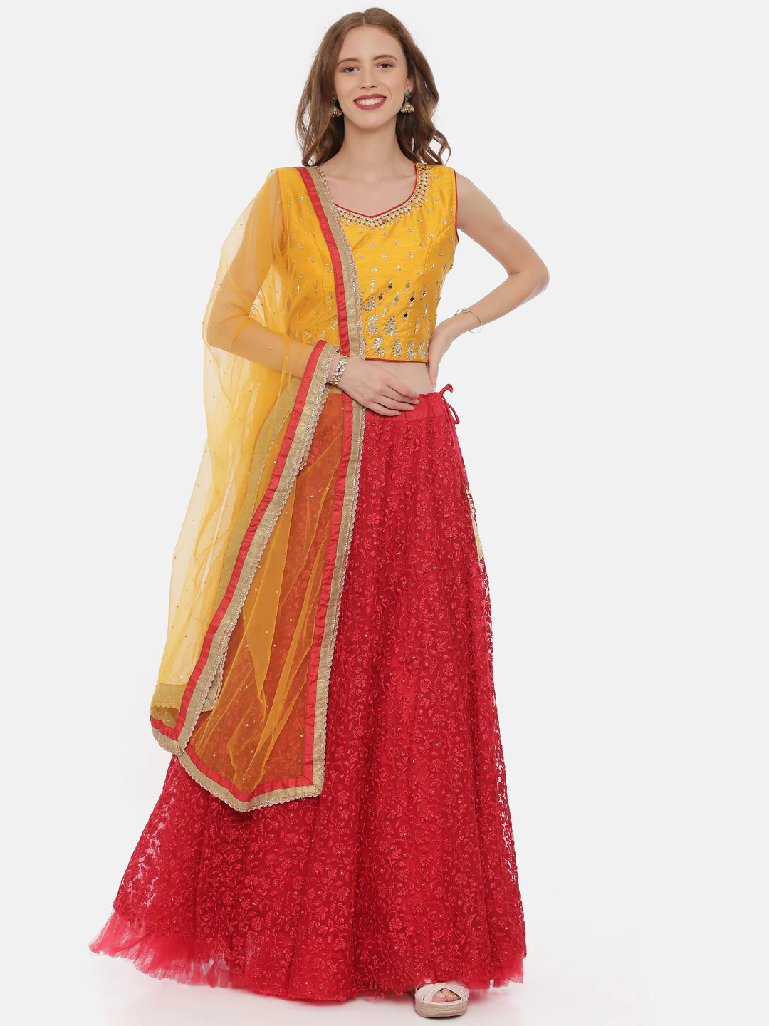Neerus Yellow Red Color Nett Fabric Ghagra Set - Image 6
