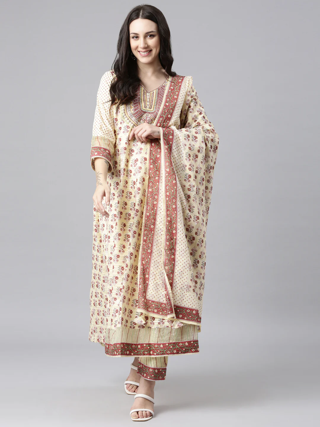 Neerus Yellow Regular Anarkali Kurta and Trousers With Dupatta - Image 5