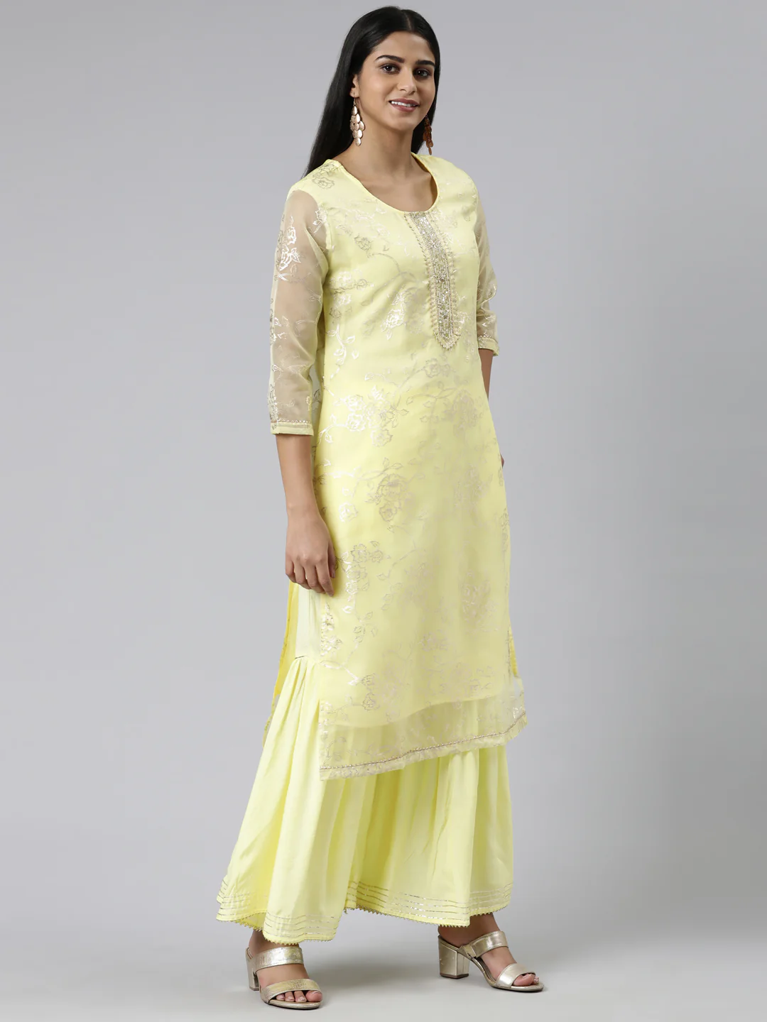 Neerus Yellow Regular Calf Length Printed Kurta Solid Palazzos With Dupatta - Image 2