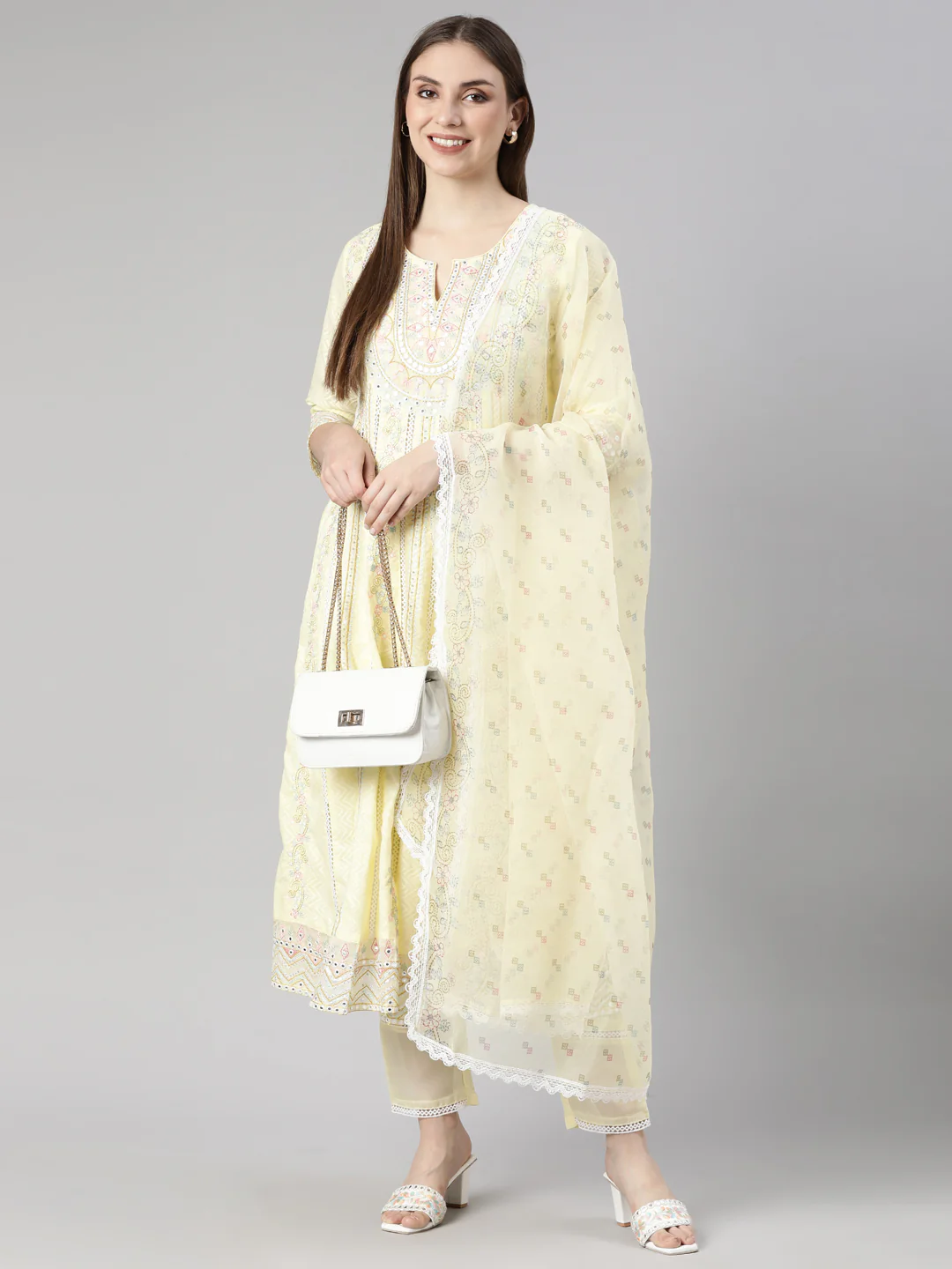 Neerus Yellow Regular Flared Floral Readymade suits - Image 4