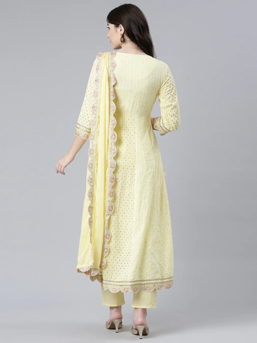 Neerus Yellow Regular Flared Yoke Design Kurta And Trousers With Dupatta - Image 3