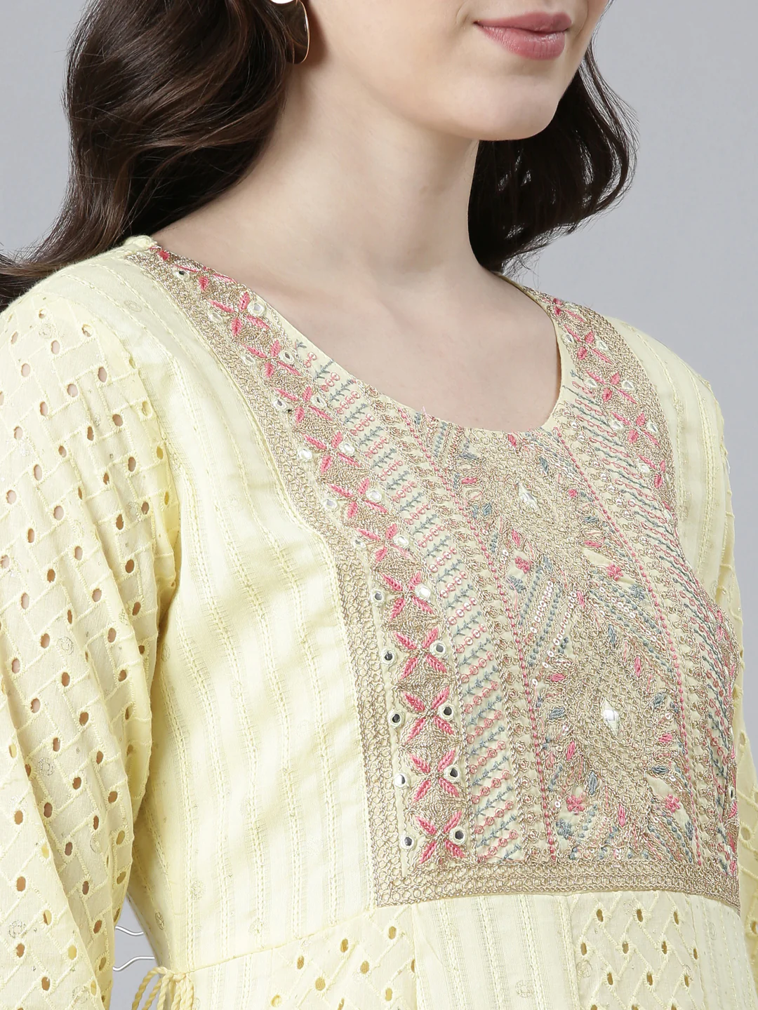 Neerus Yellow Regular Flared Yoke Design Kurta And Trousers With Dupatta - Image 4