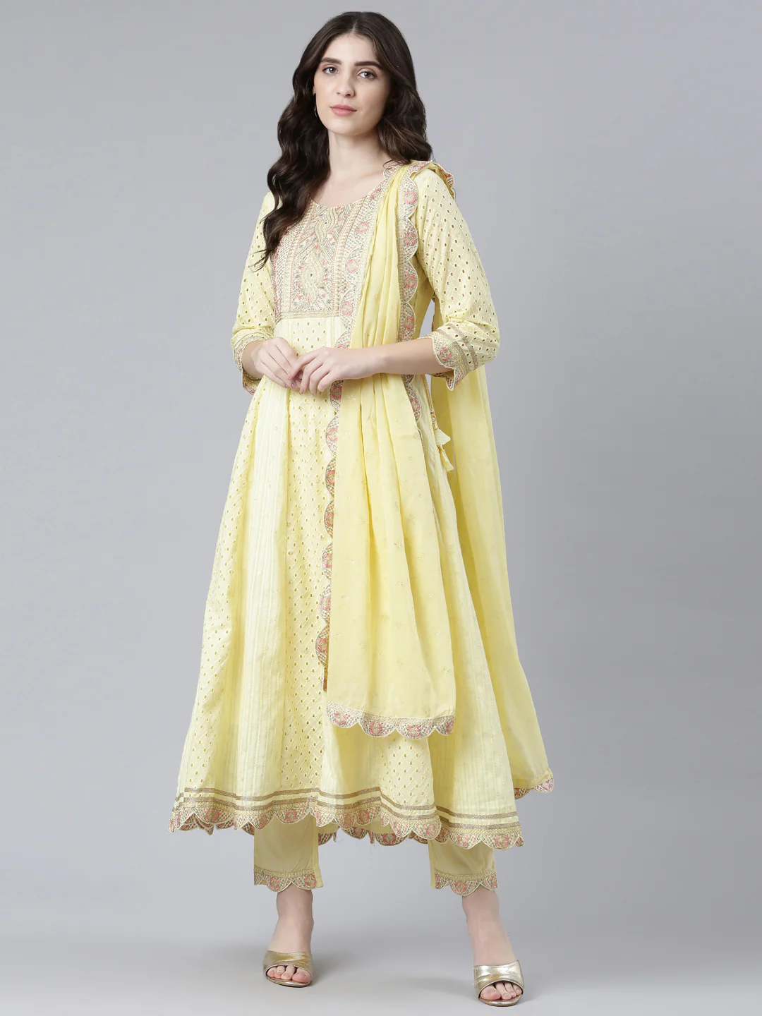 Neerus Yellow Regular Flared Yoke Design Kurta And Trousers With Dupatta - Image 5