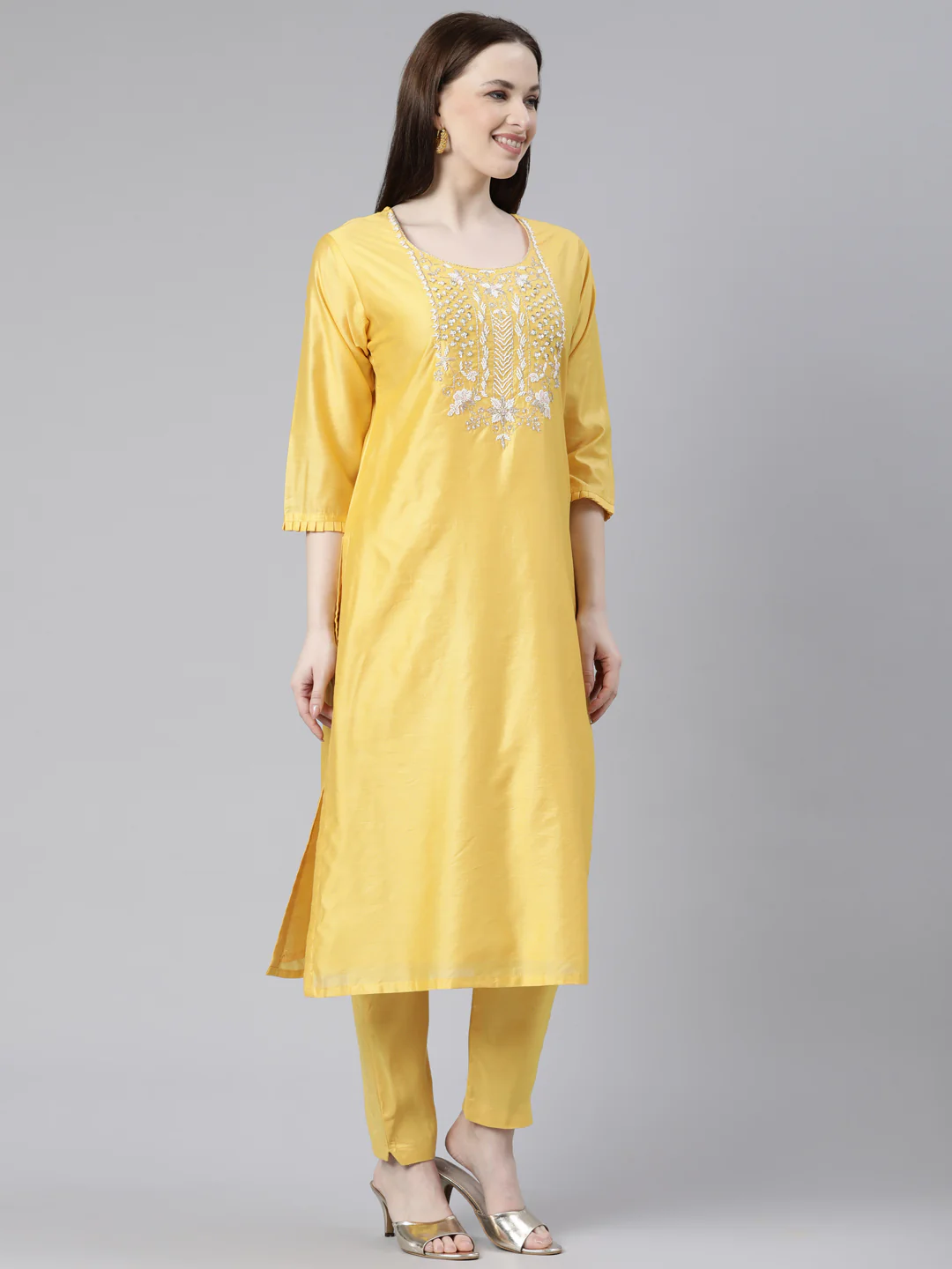 Neerus Yellow Regular Knee Length Solid Kurta Solid Trousers With Dupatta - Image 2