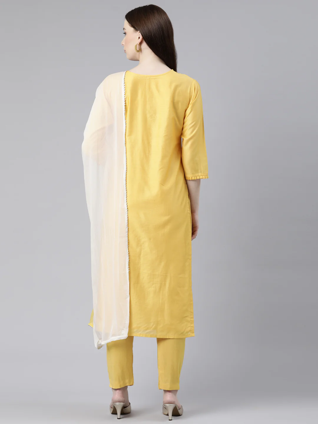 Neerus Yellow Regular Knee Length Solid Kurta Solid Trousers With Dupatta - Image 3
