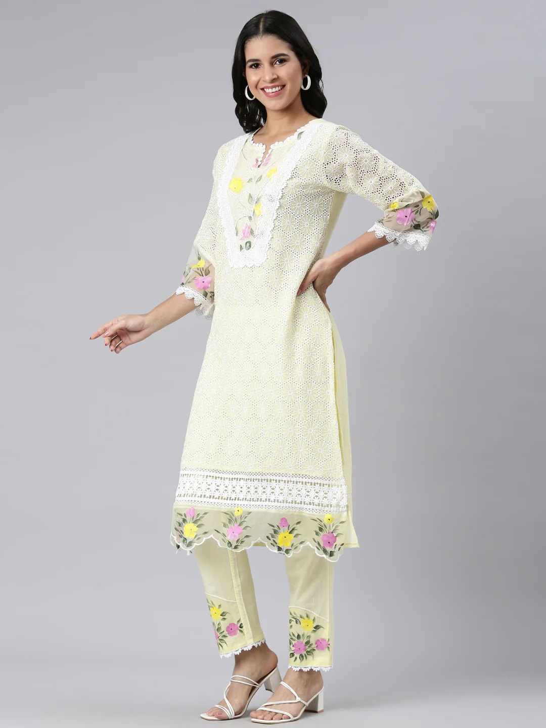 Neerus Yellow Regular Scalloped Solid Kurta and Trousers With Dupatta - Image 2