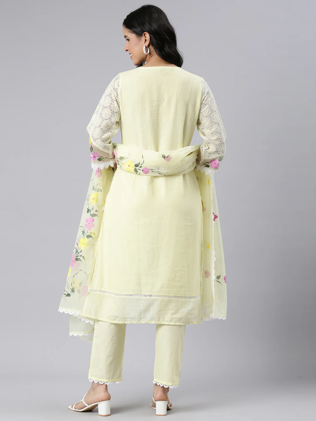 Neerus Yellow Regular Scalloped Solid Kurta and Trousers With Dupatta - Image 3