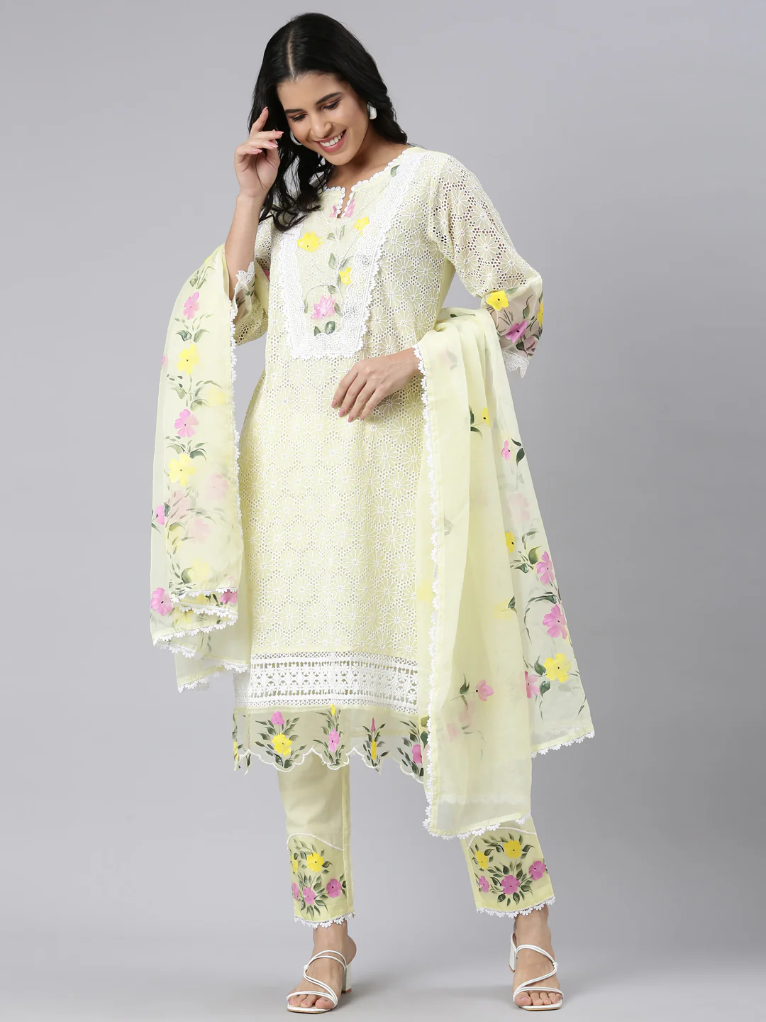 Neerus Yellow Regular Scalloped Solid Kurta and Trousers With Dupatta - Image 5
