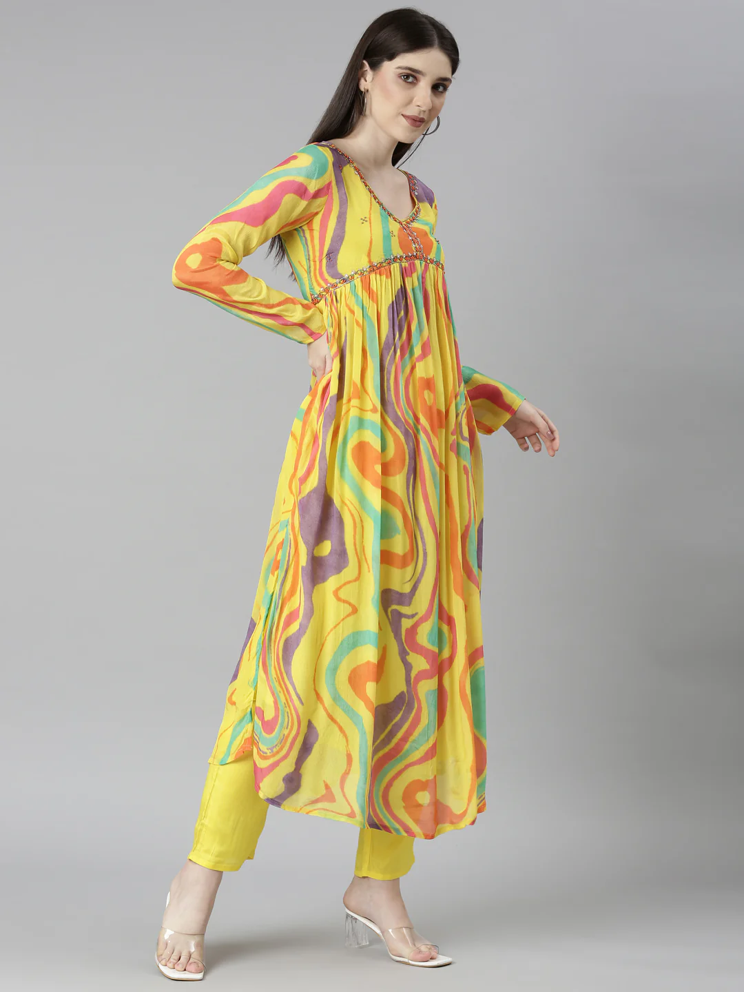 Neerus Yellow Regular Straight Chevron Kurta And Trousers With Dupatta - Image 2