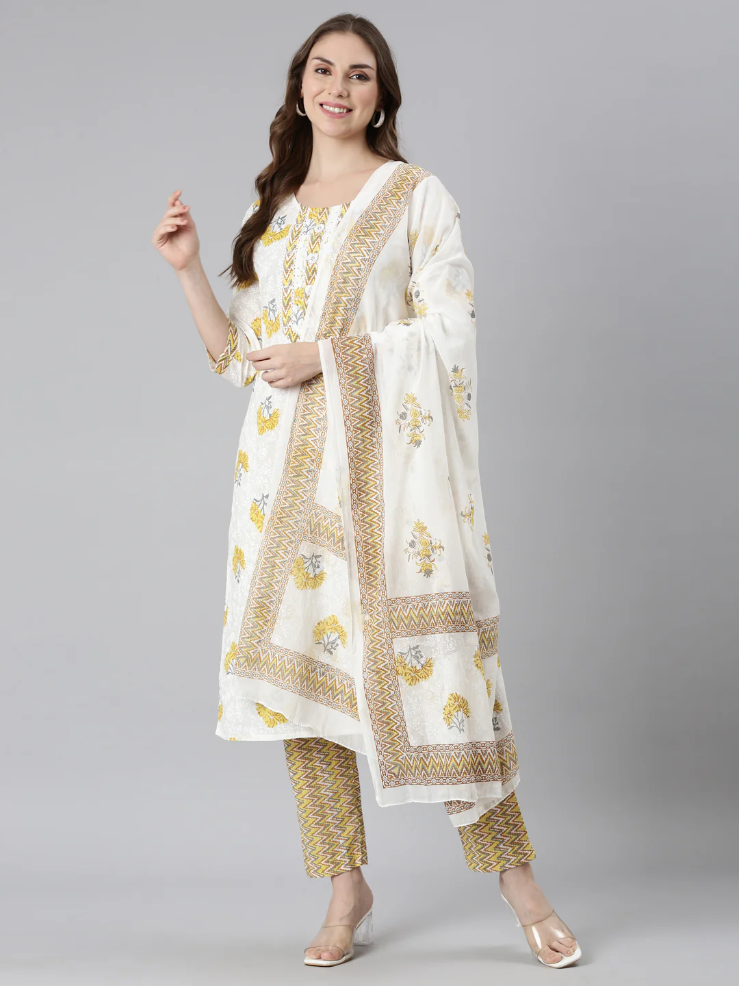 Neerus Yellow Regular Straight Embroidered Kurta and Trousers - Image 5