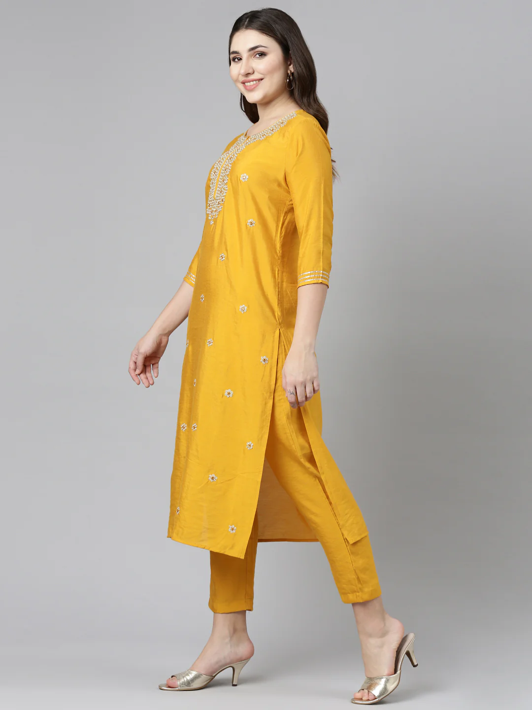 Neerus Yellow Regular Straight Embroidered Kurta And Trousers - Image 2