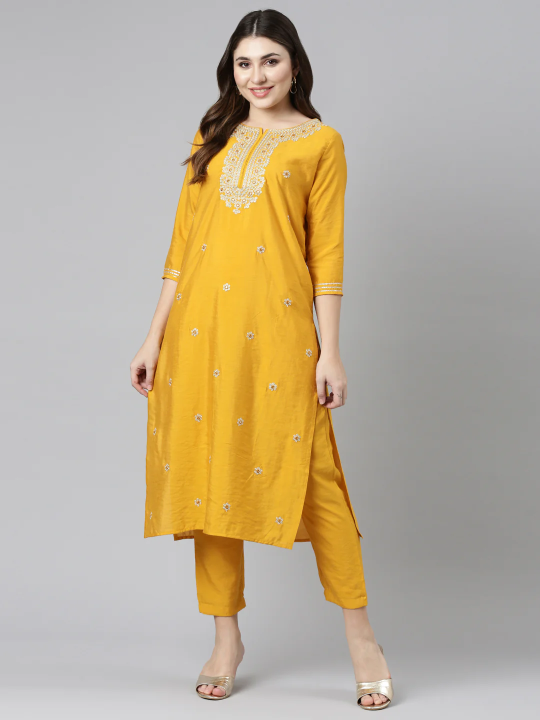 Neerus Yellow Regular Straight Embroidered Kurta And Trousers - Image 5