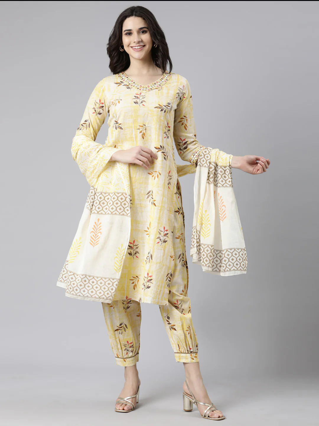 Neerus Yellow Regular Straight Floral Kurta And Salwar With Dupatta - Image 5