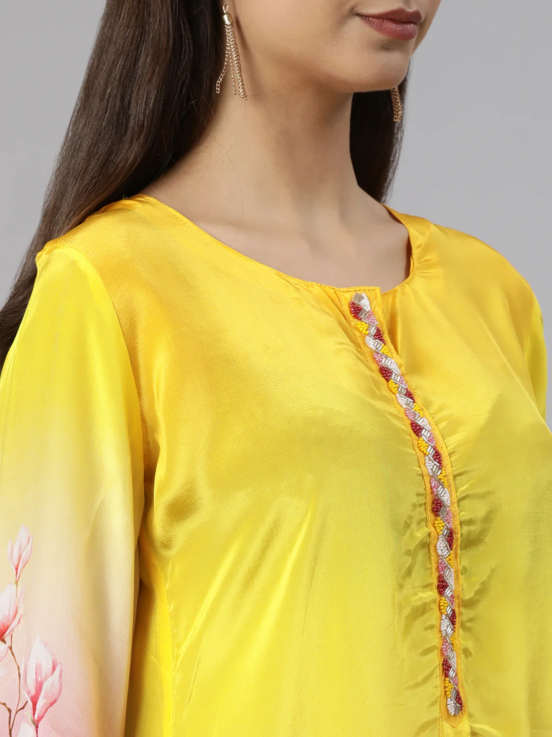 Neerus Yellow Regular Straight Floral Kurta And Trousers With Dupatta - Image 4