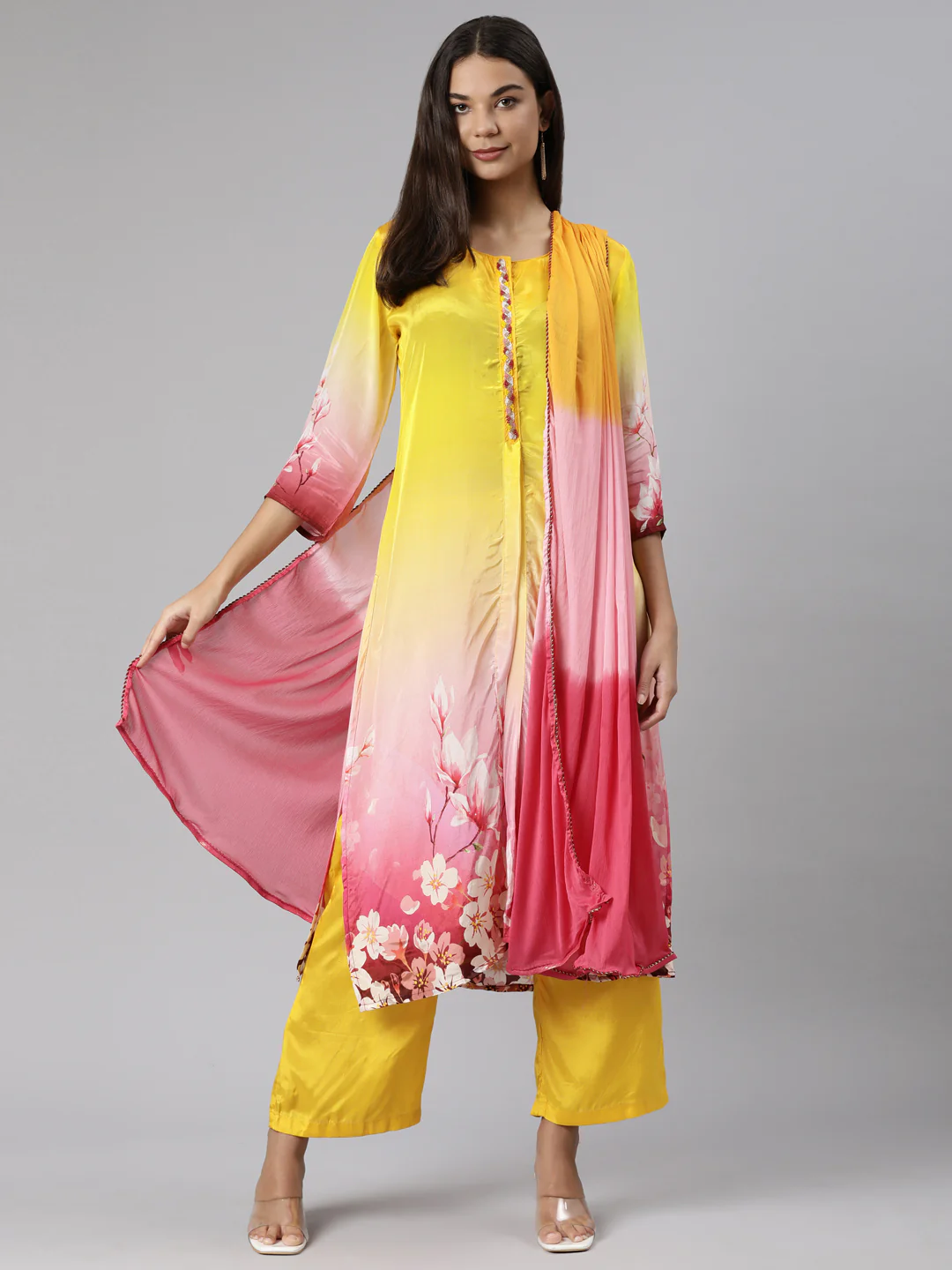 Neerus Yellow Regular Straight Floral Kurta And Trousers With Dupatta - Image 5
