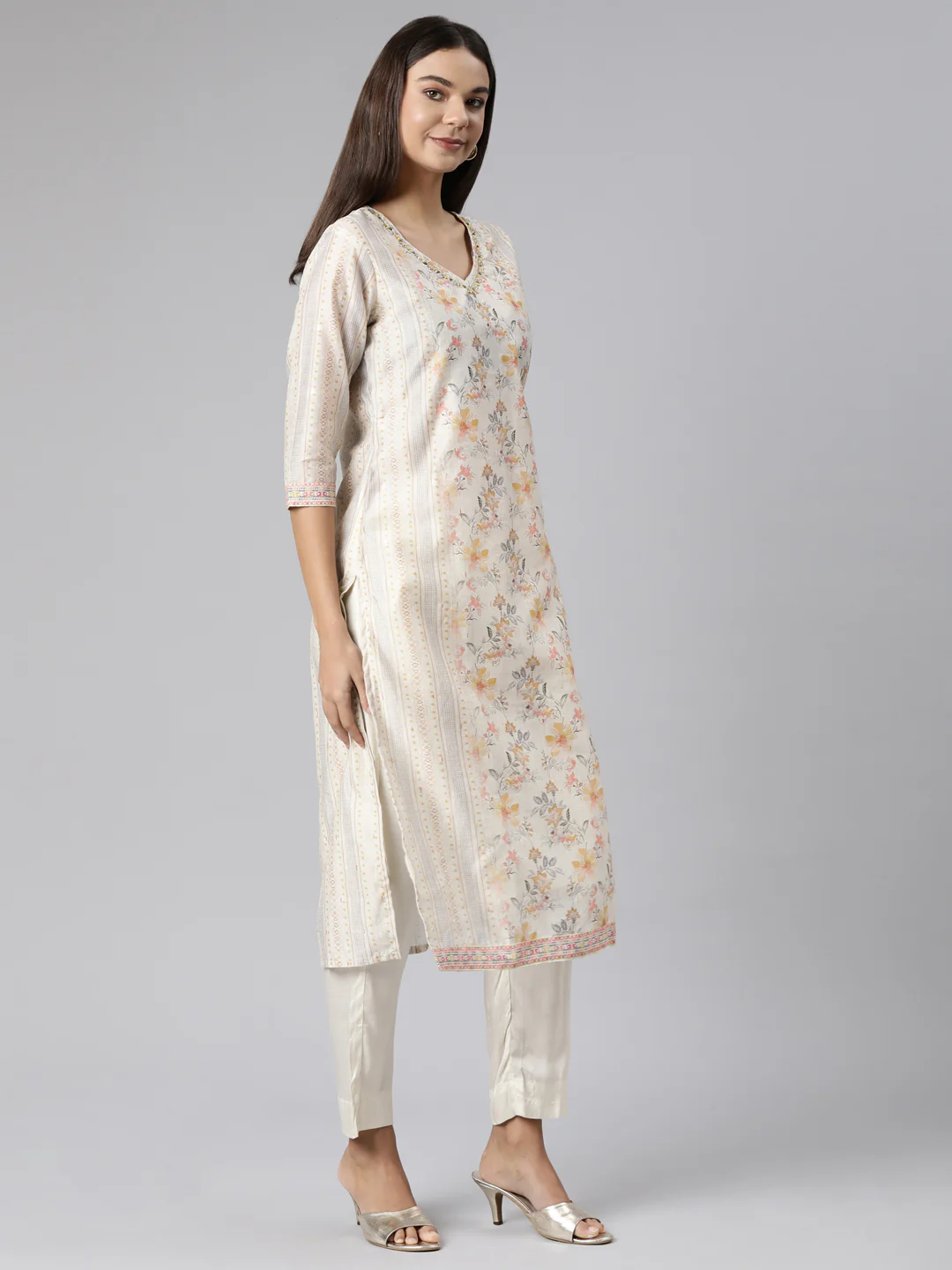 Neerus Yellow Regular Straight Floral Kurta And Trousers With Dupatta - Image 2