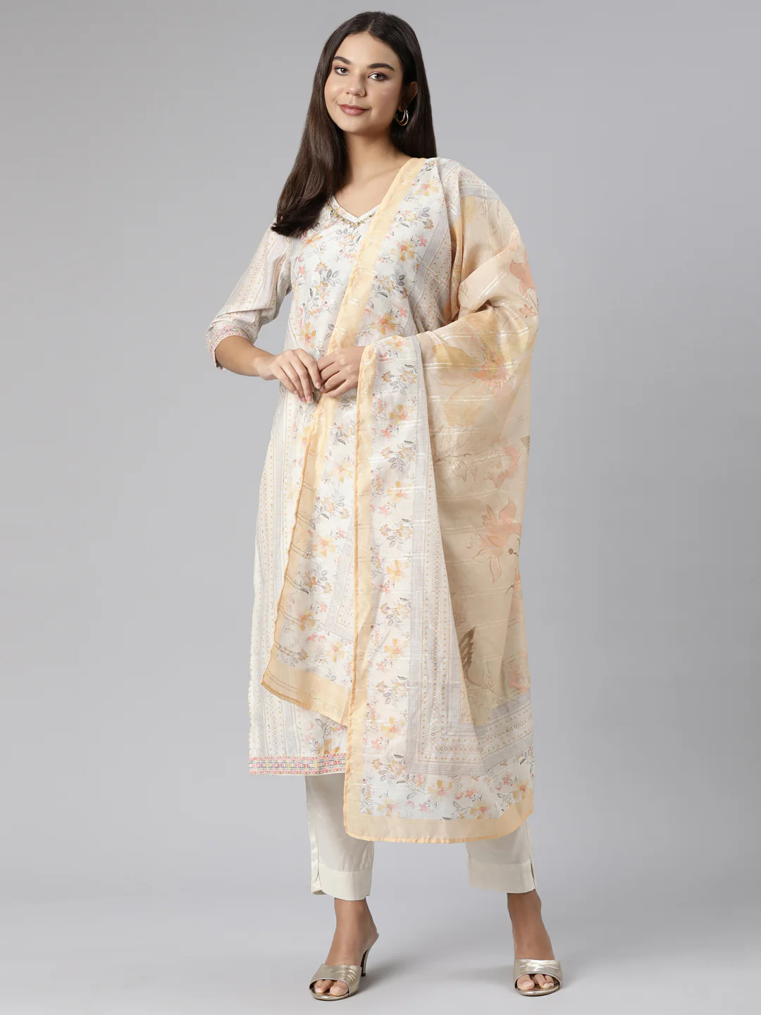 Neerus Yellow Regular Straight Floral Kurta And Trousers With Dupatta - Image 5