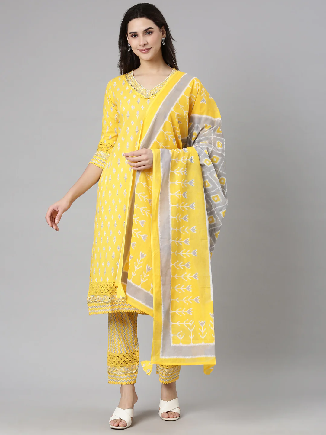 Neerus Yellow Regular Straight Floral Kurta And Trousers With Dupatta