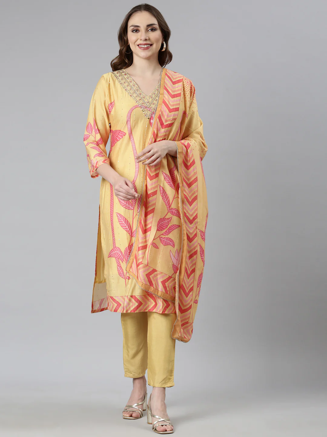 Neerus Yellow Regular Straight Floral Kurta And Trousers With Dupatta