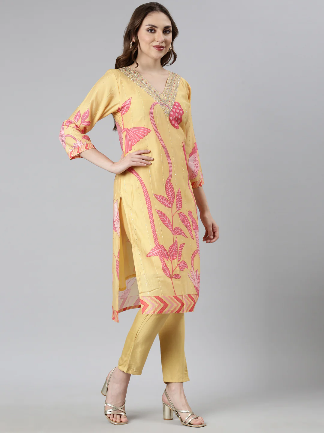 Neerus Yellow Regular Straight Floral Kurta And Trousers With Dupatta - Image 2