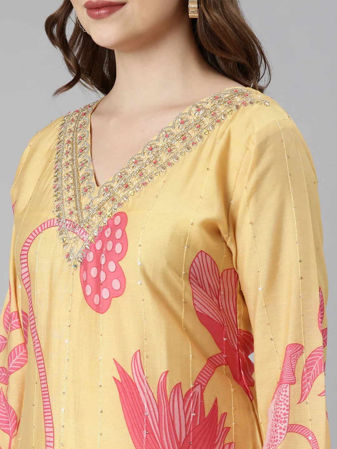 Neerus Yellow Regular Straight Floral Kurta And Trousers With Dupatta - Image 7