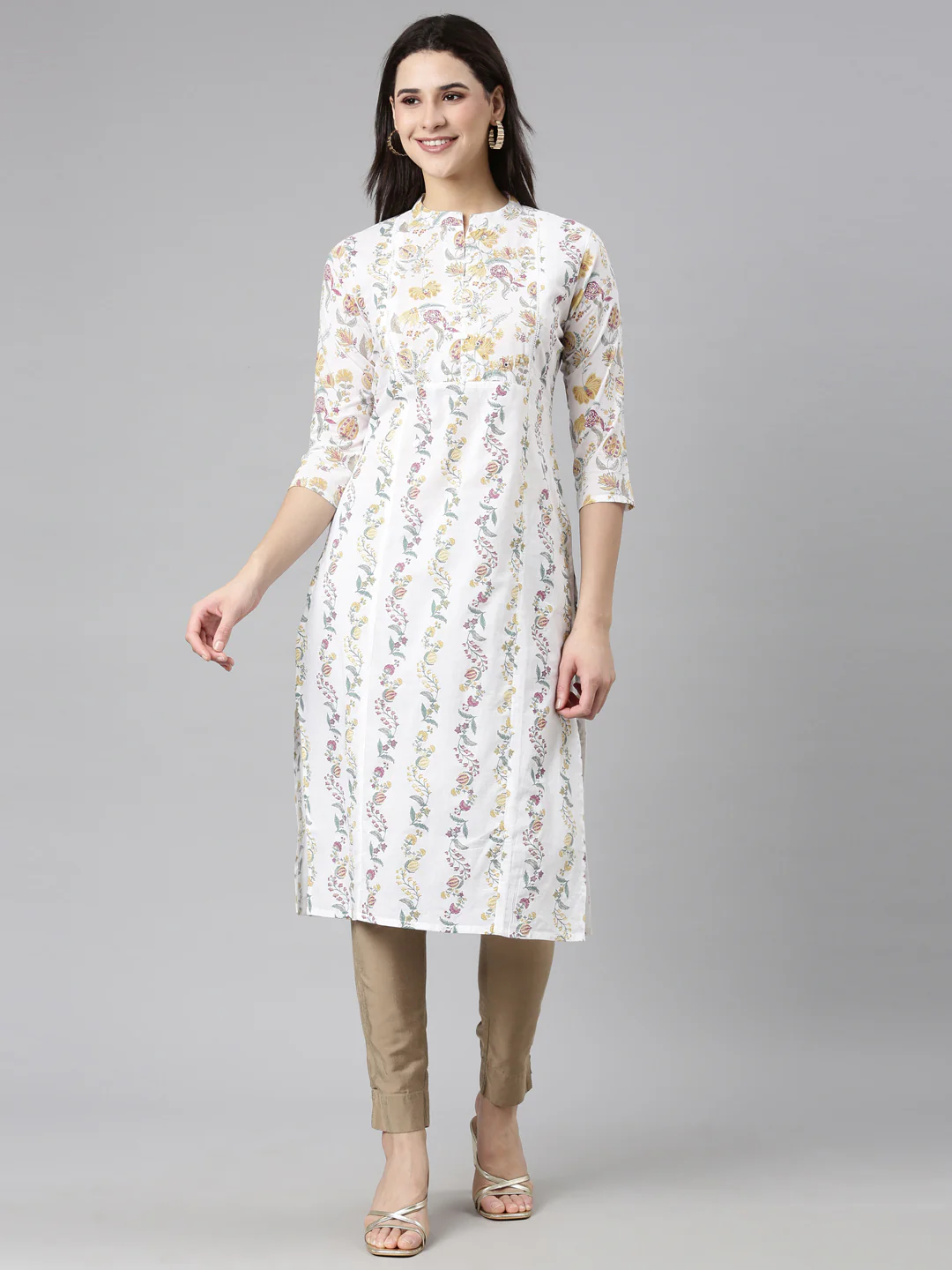 Neerus Yellow Regular Straight Floral Kurta