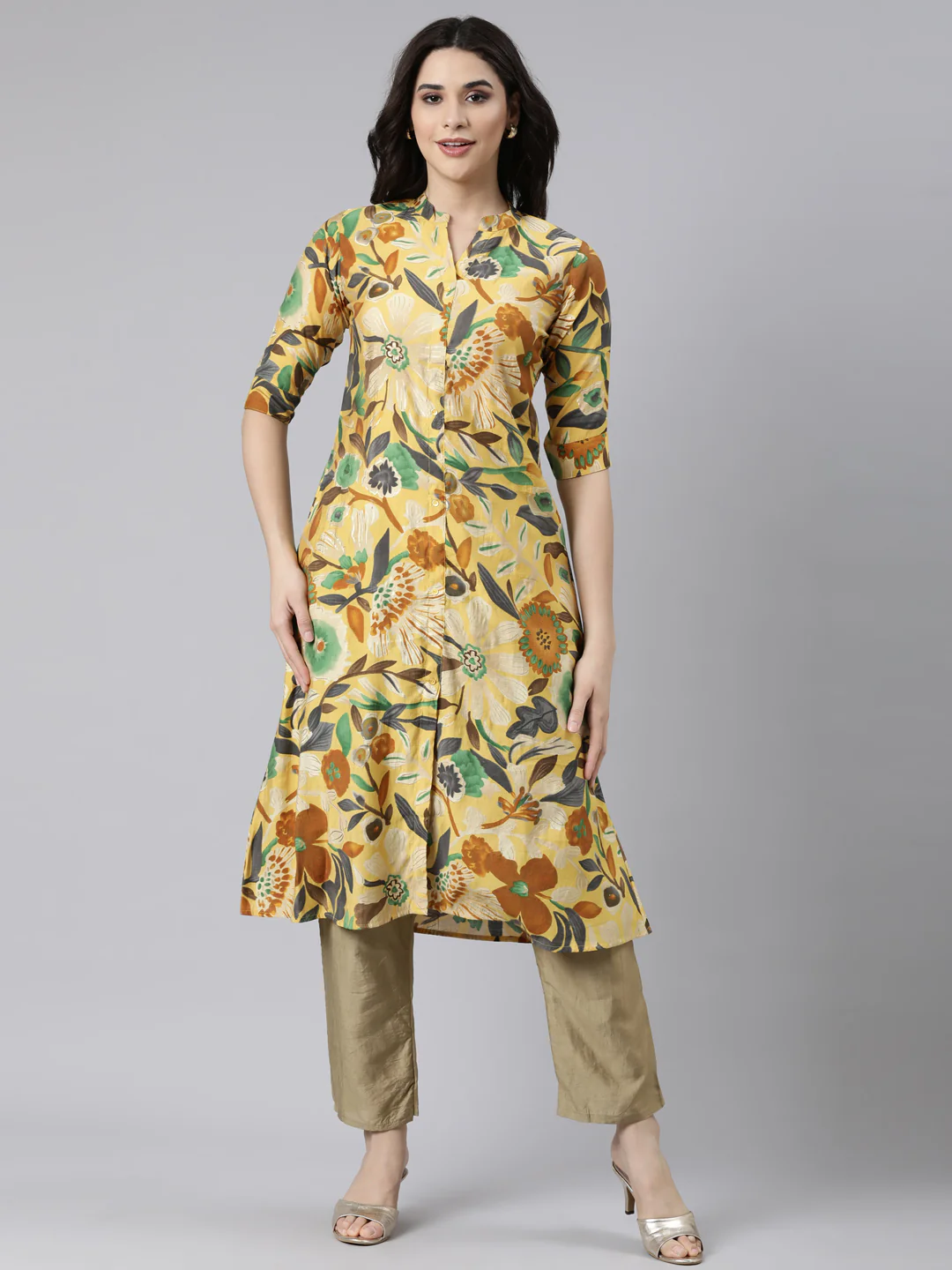 Neerus Yellow Regular Straight Floral Kurta