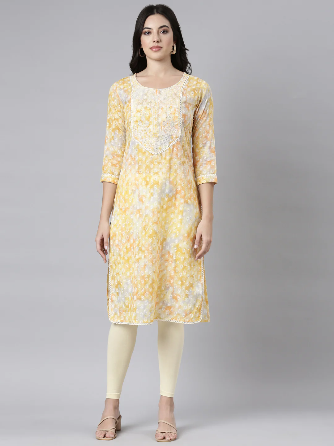 Neerus Yellow Regular Straight Paisley Kurta
