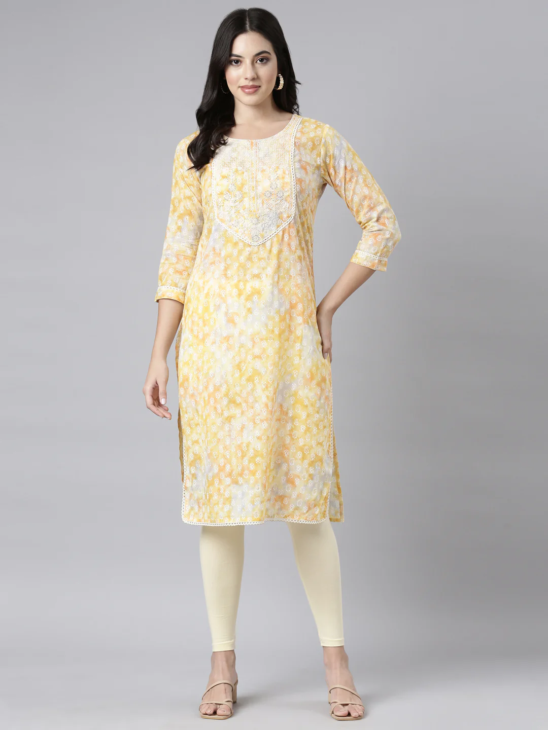 Neerus Yellow Regular Straight Paisley Kurta - Image 5