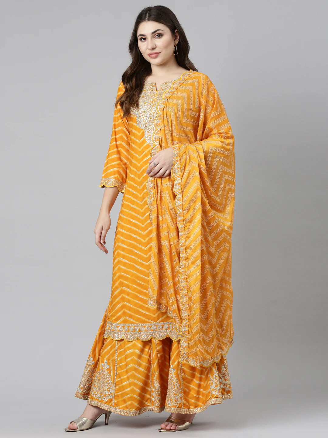 Neerus Yellow Regular Straight Printed Kurta And Sharara With Dupatta - Image 5
