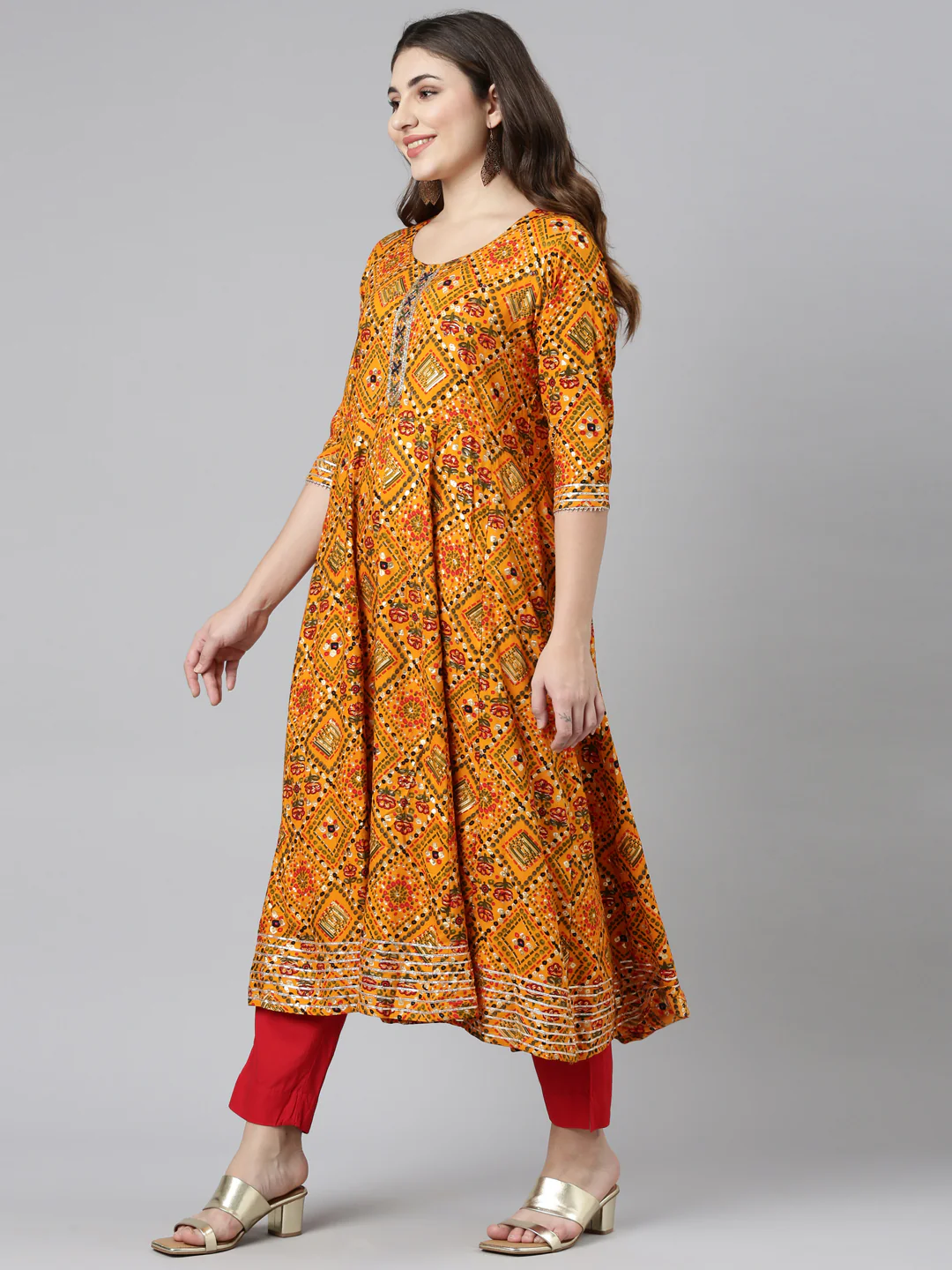 Neerus Yellow Regular Straight Printed Kurta And Trousers Dupatta - Image 2