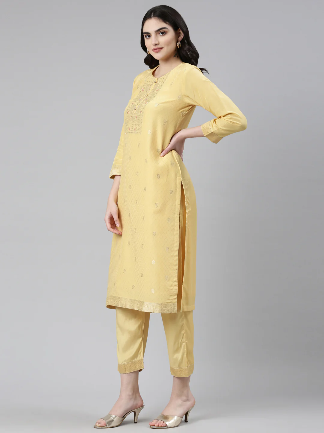 Neerus Yellow Regular Straight Printed Kurta And Trousers With Dupatta - Image 2