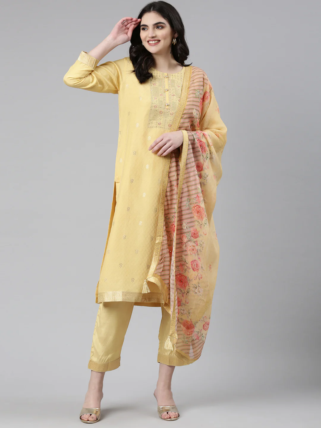 Neerus Yellow Regular Straight Printed Kurta And Trousers With Dupatta - Image 5